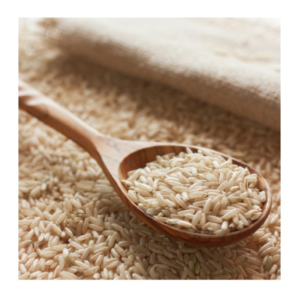 Augason Farms Brown Rice 24lb 4 Gallon Pail - 262 Servings - (SHIPS IN 1-2 WEEKS) on a wooden spoon.
