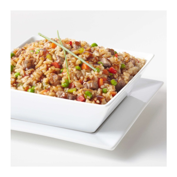 A white plate with Augason Farms Brown Rice 24lb 4 Gallon Pail - 262 Servings - (SHIPS IN 1-2 WEEKS) and vegetables on it.