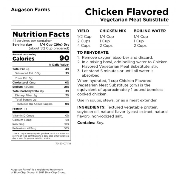 A nutrition label for Augason Farms Chicken Flavored Vegetarian Meat Substitute TVP 41 Servings - (SHIPS IN 1-2 WEEKS) meal.