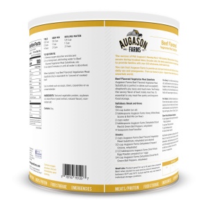 The back of a can of Augason Farms Beef Flavored Vegetarian Meat Substitute TVP 40 Servings - (SHIPS IN 1-2 WEEKS).