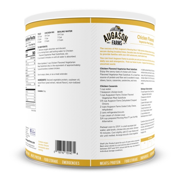 The back of a can of Augason Farms Chicken Flavored Vegetarian Meat Substitute TVP 41 Servings - (SHIPS IN 1-2 WEEKS).