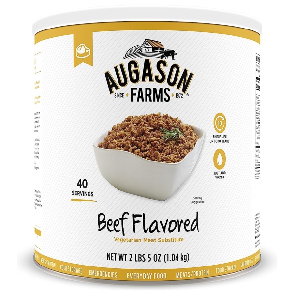 A can of Augason Farms Beef Flavored Vegetarian Meat Substitute