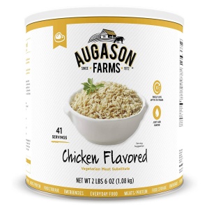 A can of chicken flavored rice by Augason Farms; serves 41 people and contains a vegetarian meat substitute called TVP.