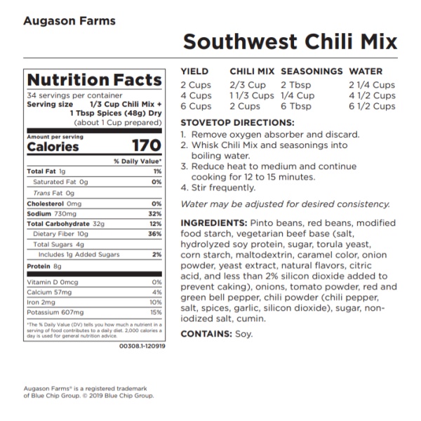 The label for the Augason Farms Southwest Chili Mix 60oz #10 Can - 34 Servings - (SHIPS IN 1-2 WEEKS).