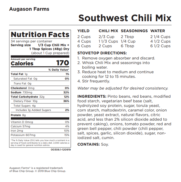 The label for the Augason Farms Southwest Chili Mix 60oz #10 Can - 34 Servings - (SHIPS IN 1-2 WEEKS).