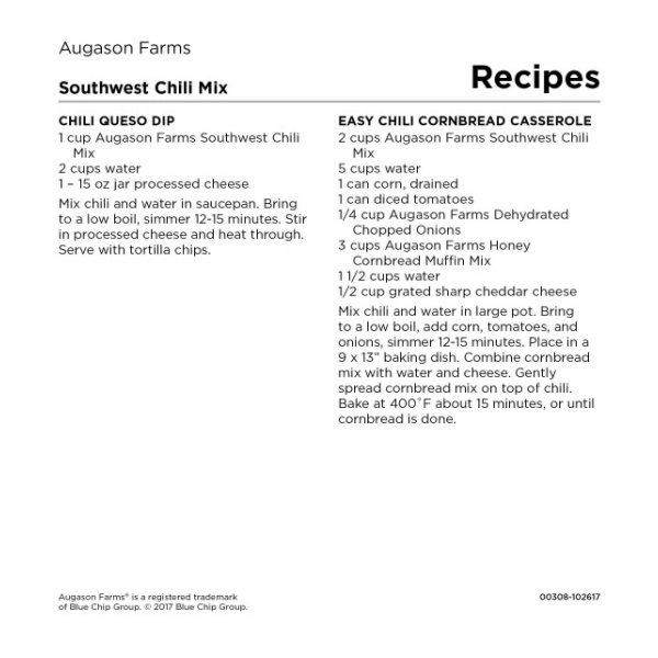 A recipe for Augason Farms Southwest Chili Mix 60oz #10 Can - 34 Servings - (SHIPS IN 1-2 WEEKS).