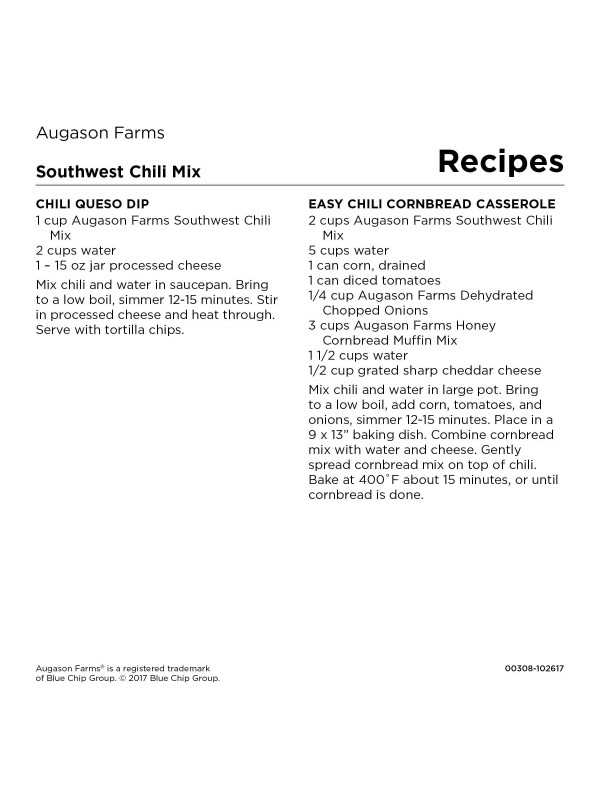 A recipe for Augason Farms Southwest Chili Mix 60oz #10 Can - 34 Servings - (SHIPS IN 1-2 WEEKS).