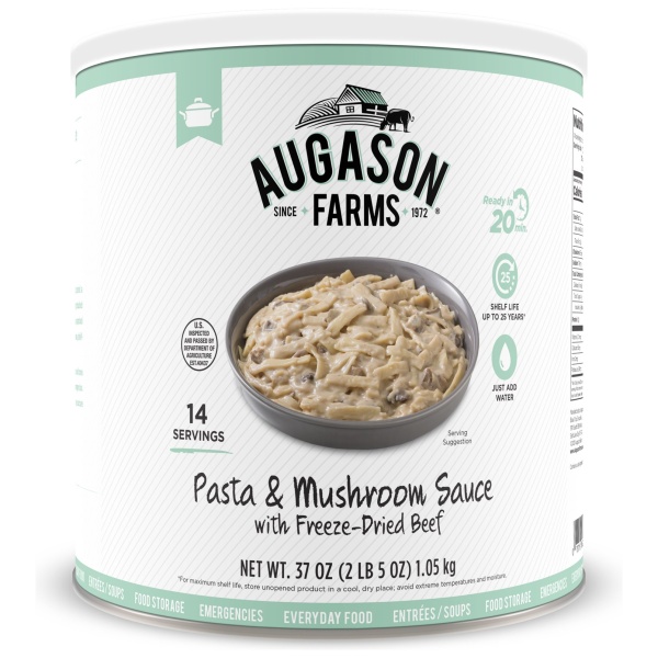Augason Farms Pasta and Mushroom Sauce with Freeze-Dried Beef - 14 Servings #10 Can.