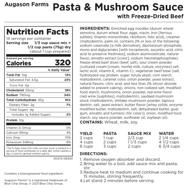 Freeze-dried pasta and mushroom sauce with beef, 14 servings, #10 can.