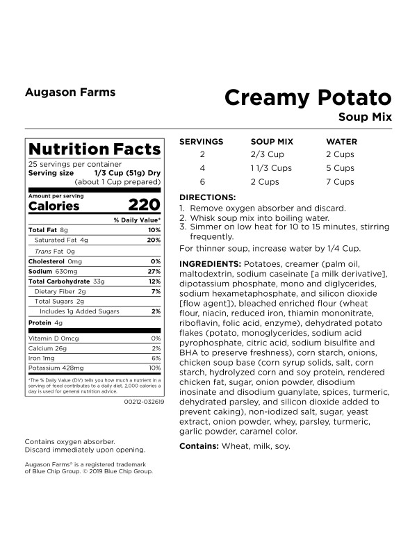 A nutrition label for Augason Farms Creamy Potato Soup 58oz #10 Can - 33 Servings - (SHIPS IN 1-2 WEEKS).