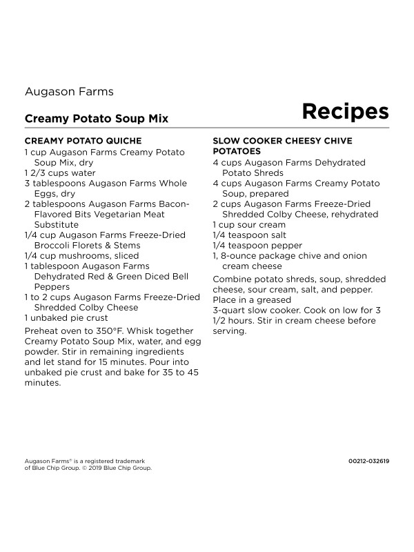 A recipe for Augason Farms Creamy Potato Soup 58oz #10 Can - 33 Servings - (SHIPS IN 1-2 WEEKS) mix.