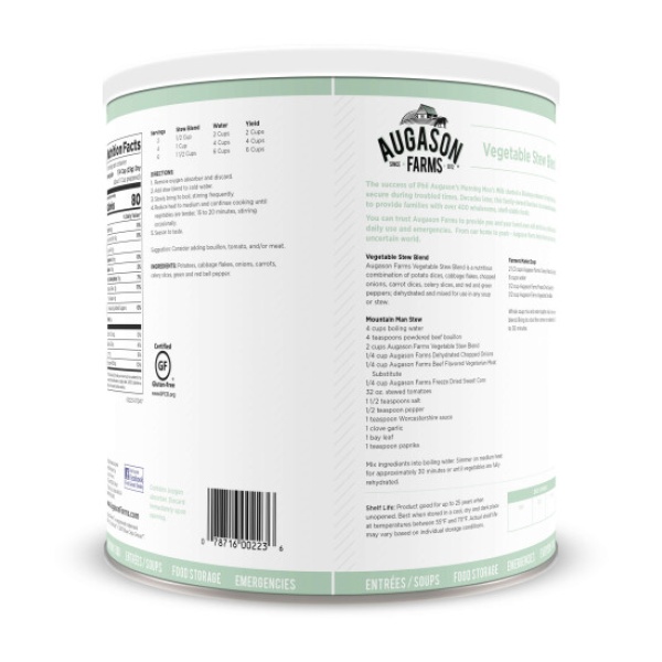 The back of a Augason Farms Vegetable Stew Gluten-Free #10 Can - 40 Servings - (SHIPS IN 1-2 WEEKS) with a label on it.
