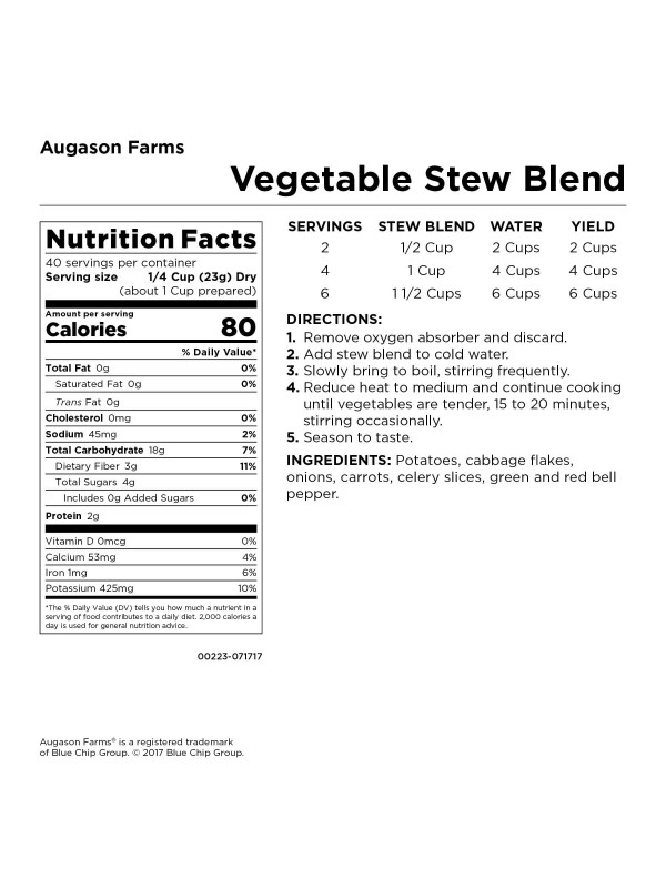 A nutrition label for Augason Farms Vegetable Stew blend.