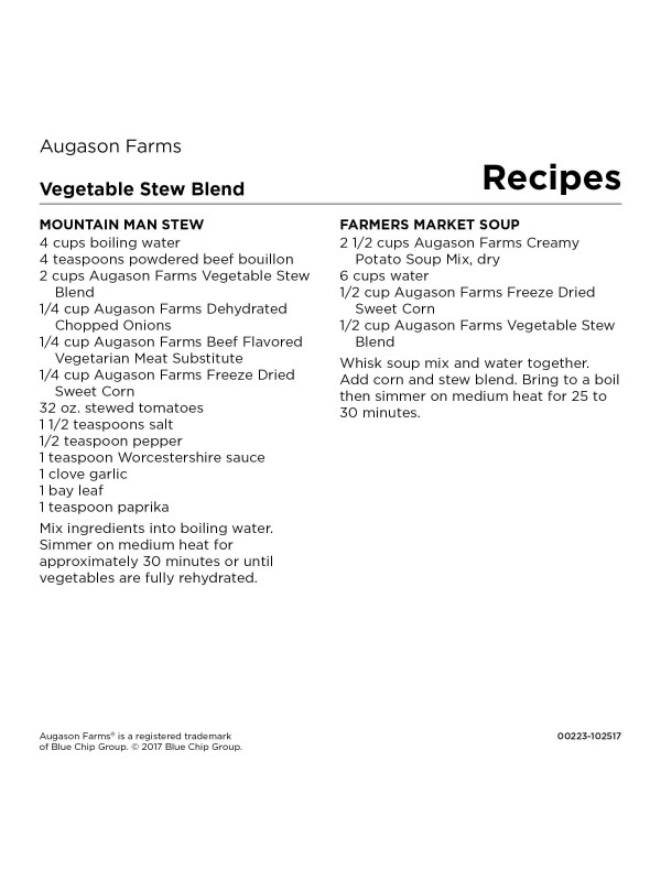 A recipe for Augason Farms Vegetable Stew Gluten-Free #10 Can - 40 Servings - (SHIPS IN 1-2 WEEKS).