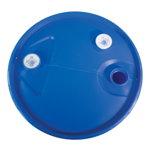 A blue plastic Augason Farms 55 Gallon Water Drum Water Storage Barrel - (SHIPS IN 1-2 WEEKS) with two holes on it.