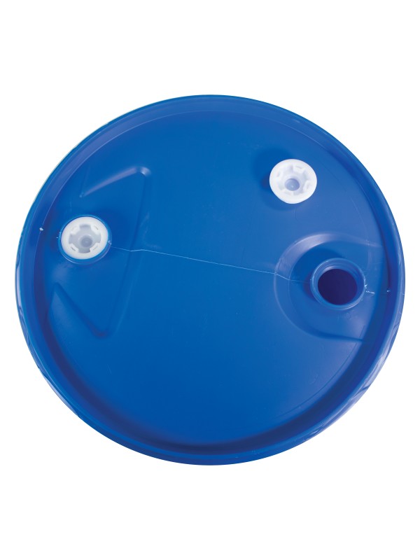 A blue plastic Augason Farms 55 Gallon Water Drum Water Storage Barrel - (SHIPS IN 1-2 WEEKS) with two holes on it.