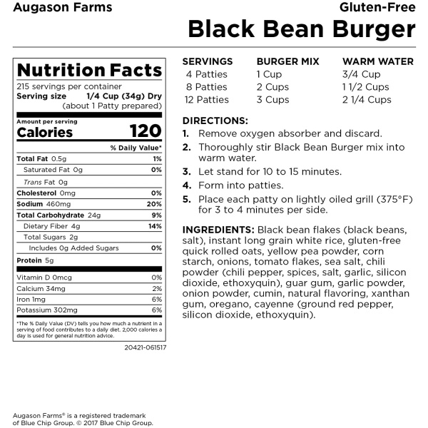 Black bean burger nutrition label from Augason Farms.