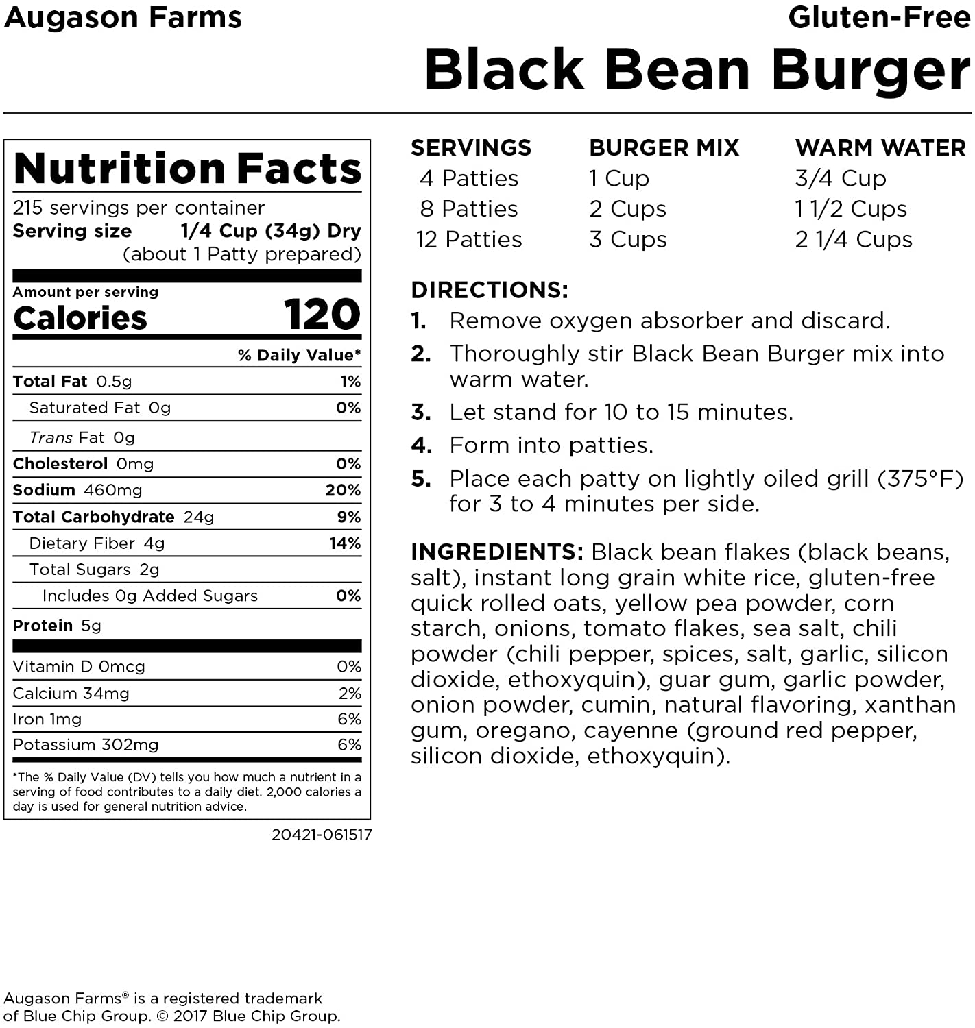 Black bean burger nutrition label from Augason Farms.