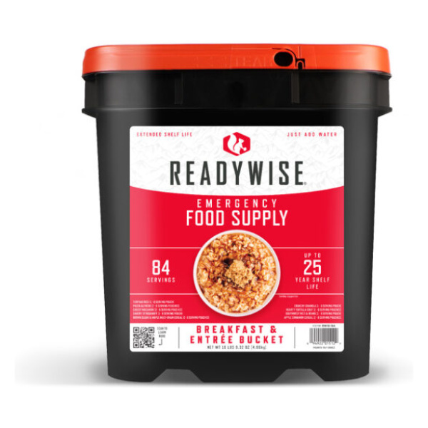 A bucket of ReadyWise food supply on a white background, shipping in 1-2 weeks.