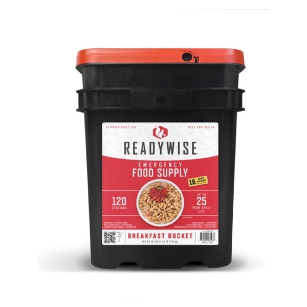 A ReadyWise food supply bucket on a white background.