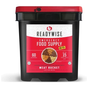 A bucket of ReadyWise (formerly Wise Food Storage) 240 Serving Meat Package.