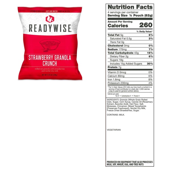A bag of ReadyWise (formerly Wise Food Storage) 720 Serving Package - 120 lbs - Includes 3 - 120 Serving Entree Buckets and 3 - 120 Serving Breakfast Buckets (SHIPS IN 1-2 WEEKS) strawberry tortilla chips.