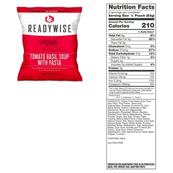 ReadyWise (formerly Wise Food Storage) 720 Serving Package - 120 lbs - Includes 3 - 120 Serving Entree Buckets and 3 - 120 Serving Breakfast Buckets (SHIPS IN 1-2 WEEKS) tomato beef soup with peas.