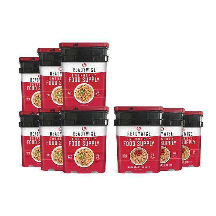 A set of six *ReadyWise (formerly Wise Food Storage) 1 Year Kit for 1 Person - 1080 Serving Packages - 186 lbs - Includes 6 - 120 Serving Entree Buckets and 3 - 120 Serving Breakfast Buckets (SHIPS IN 1-2 WEEKS) in a red container.