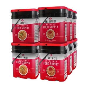 A stack of ReadyWise (formerly Wise Food Storage) 1 Year Kit for 1 Person - 1440 Serving Package - 240 lbs - Includes 6 - 120 Serving Entree Buckets and 6 - 120 Serving Breakfast Buckets (SHIPS IN 1-2 WEEKS) red buckets of food supply.