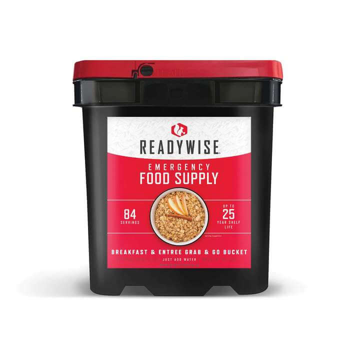 A bucket of ReadyWise (formerly Wise Food Storage) 84 Serving Breakfast and Entree Grab and Go Food Kit (SHIPS IN 1-2 WEEKS) on a white background.