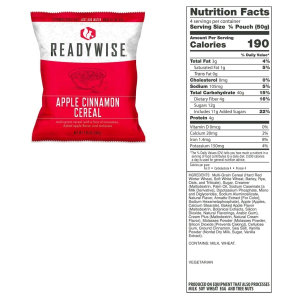 A bag of ReadyWise (formerly Wise Food Storage) 240 Serving Package - 40 lbs - Includes 1 - 120 Serving Entree Bucket and 1 - 120 Serving Breakfast Bucket (SHIPS IN 1-2 WEEKS) apple cinnamon cereal.