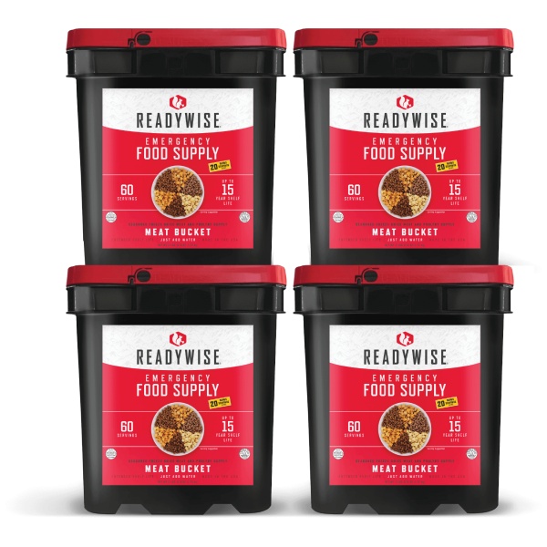 Four ReadyWise (formerly Wise Food Storage) 240 Serving Meat Packages Includes 4 Freeze-Dried Meat Buckets (SHIPS IN 1-2 WEEKS) for dogs.