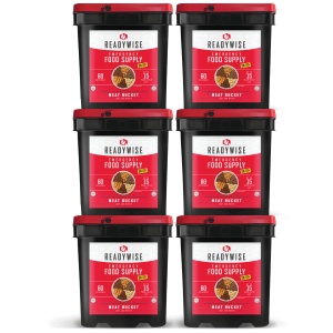 A set of six ReadyWise (formerly Wise Food Storage) 240 Serving Meat Packages Includes 4 Freeze-Dried Meat Buckets with red lids.