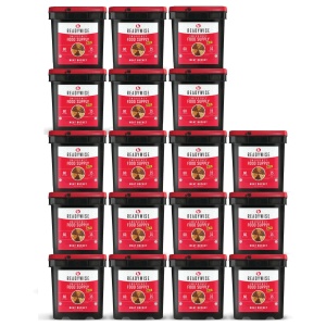 A stack of ReadyWise (formerly Wise Food Storage) 1080 Serving Meat Packages Includes 18 Freeze-Dried Meat Buckets with red lids. (SHIPS IN 1-2 WEEKS)