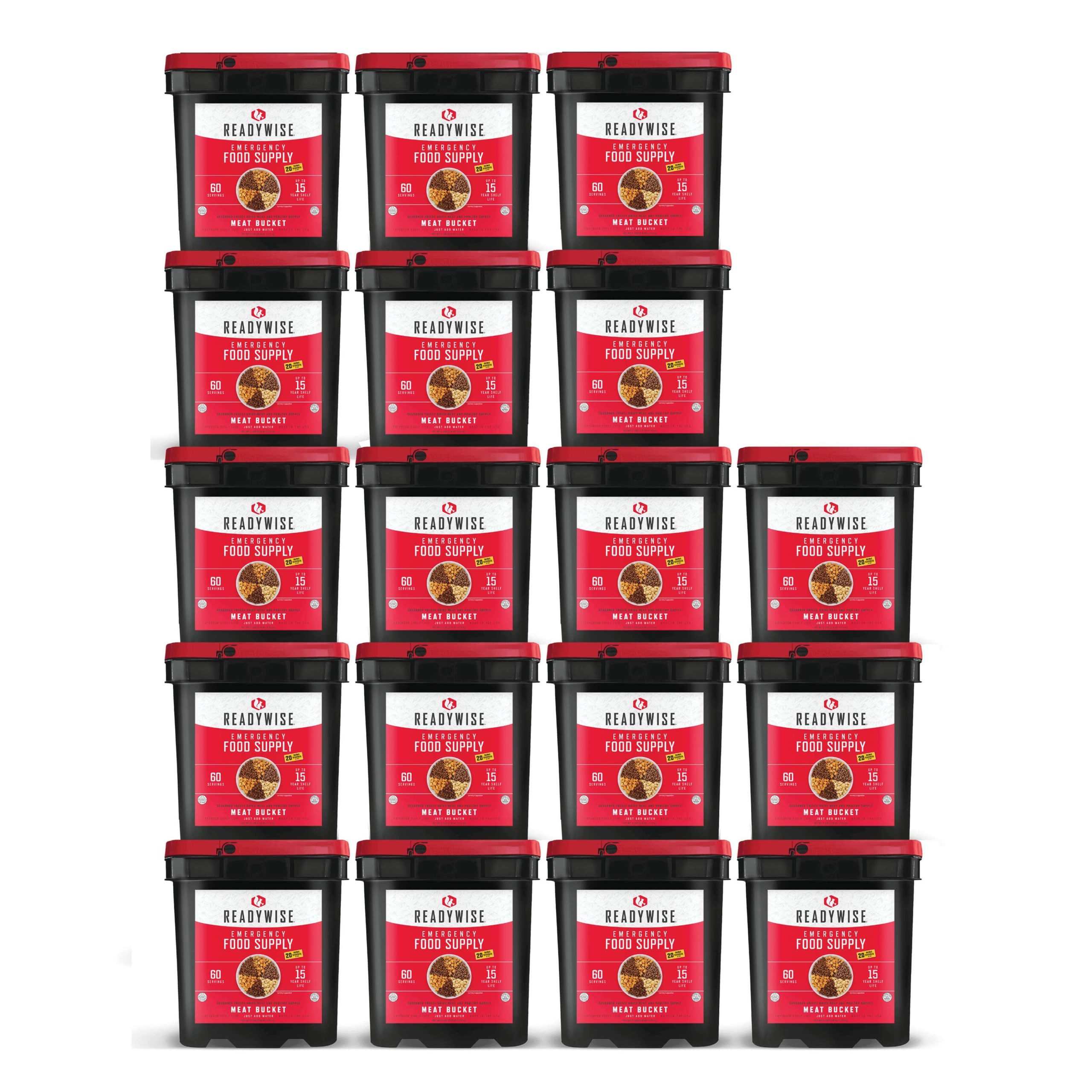 A stack of ReadyWise (formerly Wise Food Storage) 1080 Serving Meat Packages Includes 18 Freeze-Dried Meat Buckets with red lids. (SHIPS IN 1-2 WEEKS)