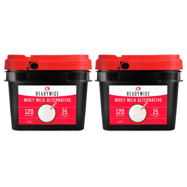 Two ReadyWise (formerly Wise Food Storage) 240 Serving Milk Buckets with red lids on a black background.