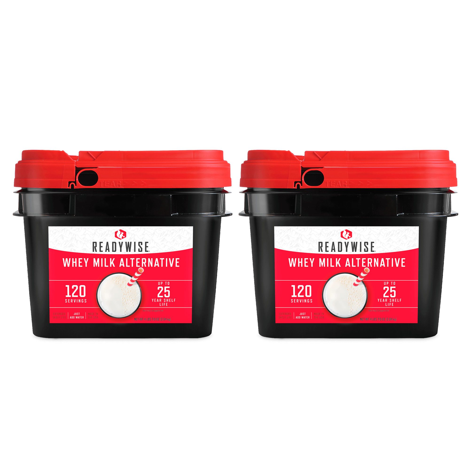 Two ReadyWise (formerly Wise Food Storage) 240 Serving Milk Buckets with red lids on a black background.