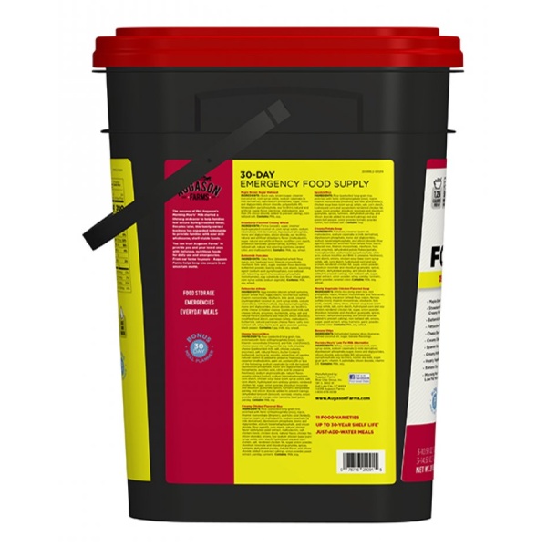 A *Augason Farms Deluxe Emergency 30-Day Food Supply 200 Servings (1 Person) - (SHIPS IN 1-2 WEEKS) with a red lid and a yellow bucket.