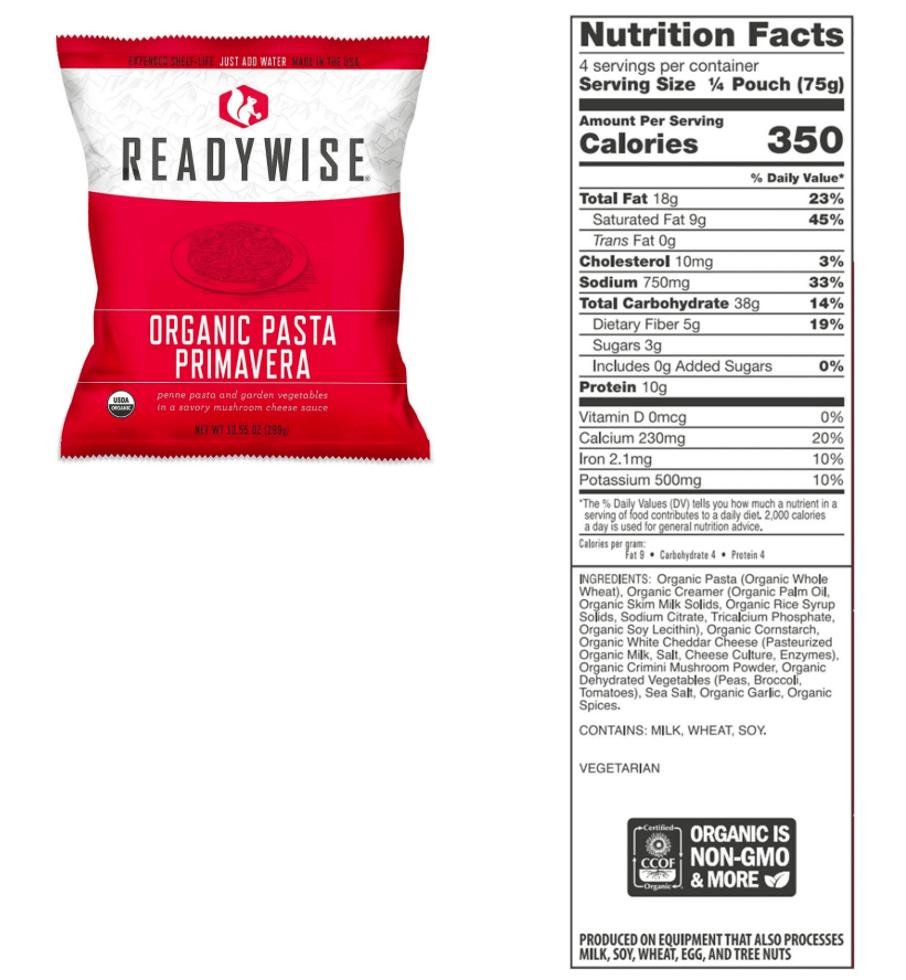 A bag of *ReadyWise (formerly Wise Food Storage) organic emergency freeze-dried food - 90 servings (SHIPS IN 1-2 WEEKS) fennel.