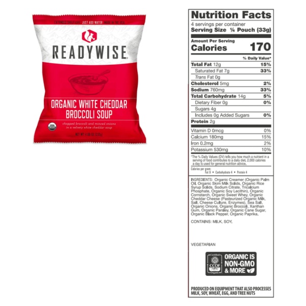 A bag of ReadyWise (formerly Wise Food Storage) Organic Emergency Freeze-Dried Food - 90 Servings (SHIPS IN 1-2 WEEKS) white cheddar chips.