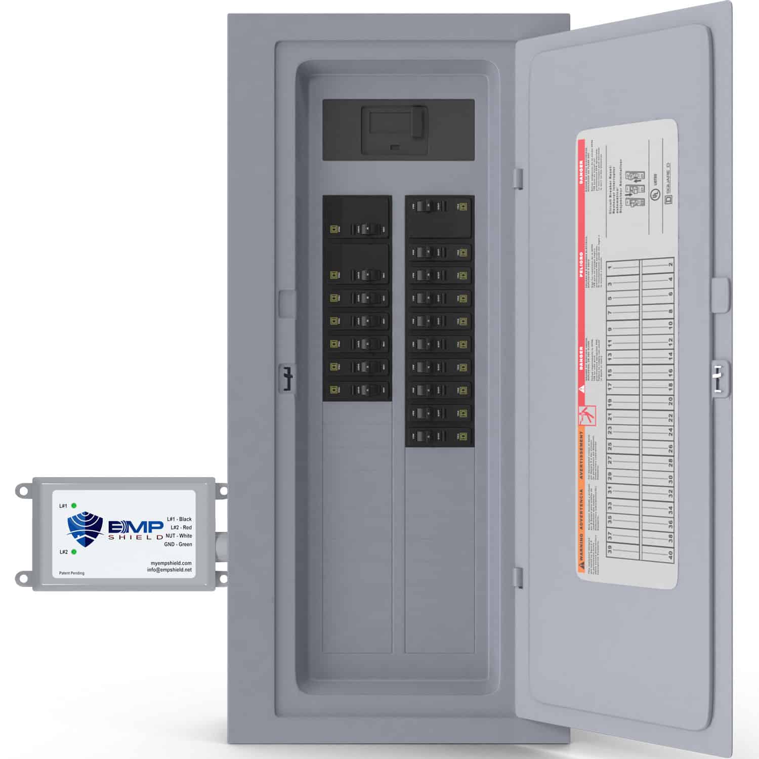 An *EMP Shield Whole Home EMP, Solar Flare & Lightning Protection (SP-120-240-W) panel with a remote control.