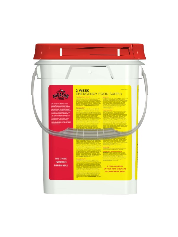 A bucket with a Augason Farms 2-Week 1-Person Emergency Food Pail - (SHIPS IN 1-2 WEEKS) lid and a red handle.
