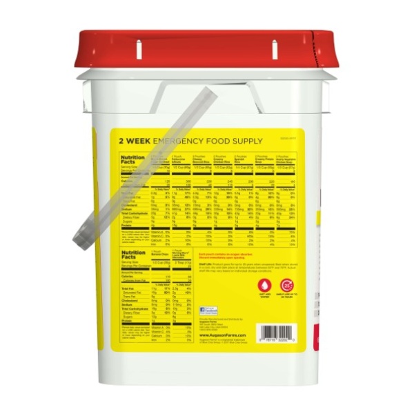 A white Augason Farms 2-Week 1-Person Emergency Food Pail - (SHIPS IN 1-2 WEEKS) with a red lid and a knife.