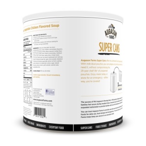 A #10 can of Augason Farms Hearty Vegetable Chicken Soup Super with 24 Servings on a white background.