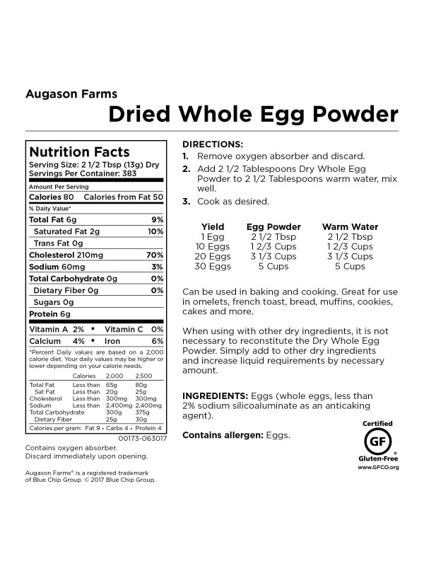 Augason Farms Dried Whole Egg Powder 383 Servings 4 Gallon Pail - (SHIPS IN 1-2 WEEKS).