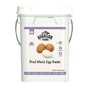 A bucket of Augason Farms Dried Whole Egg Powder 383 Servings 4 Gallon Pail - (SHIPS IN 1-2 WEEKS) on a white background.