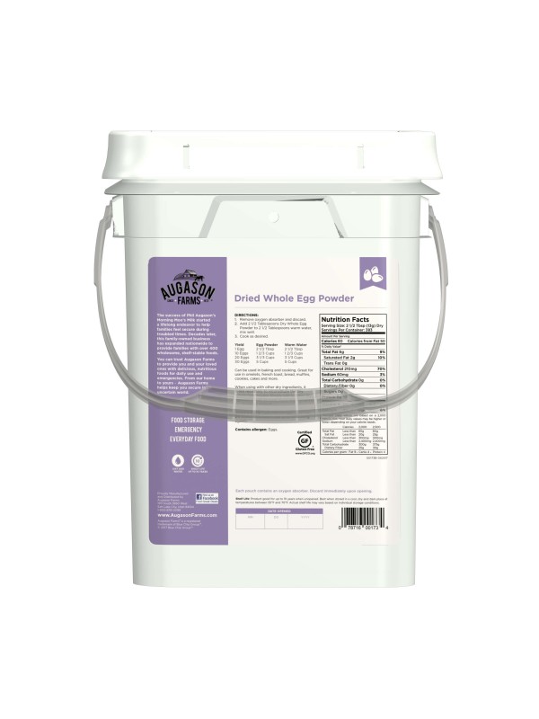 A white Augason Farms Dried Whole Egg Powder 383 Servings 4 Gallon Pail - (SHIPS IN 1-2 WEEKS) bucket with a purple lid.