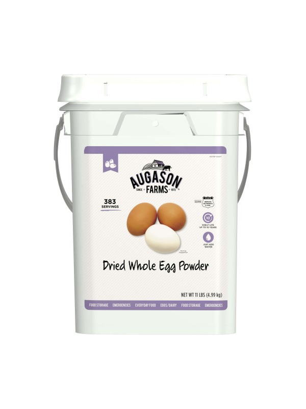 A bucket of Augason Farms Dried Whole Egg Powder 383 Servings 4 Gallon Pail - (SHIPS IN 1-2 WEEKS) on a white background.