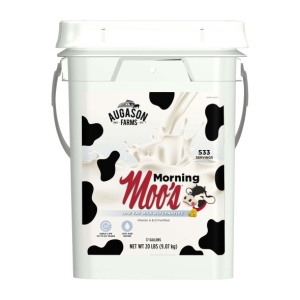 A Augason Farms Morning Moo's Low Fat Milk Alternative 4 Gallon Pail 533 Servings - (SHIPS IN 1-2 WEEKS) on a white background.