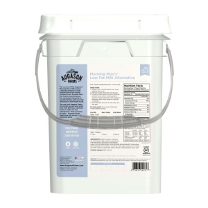 A Augason Farms Morning Moo's Low Fat Milk Alternative 4 Gallon Pail 533 Servings - (SHIPS IN 1-2 WEEKS) bucket on a white background.